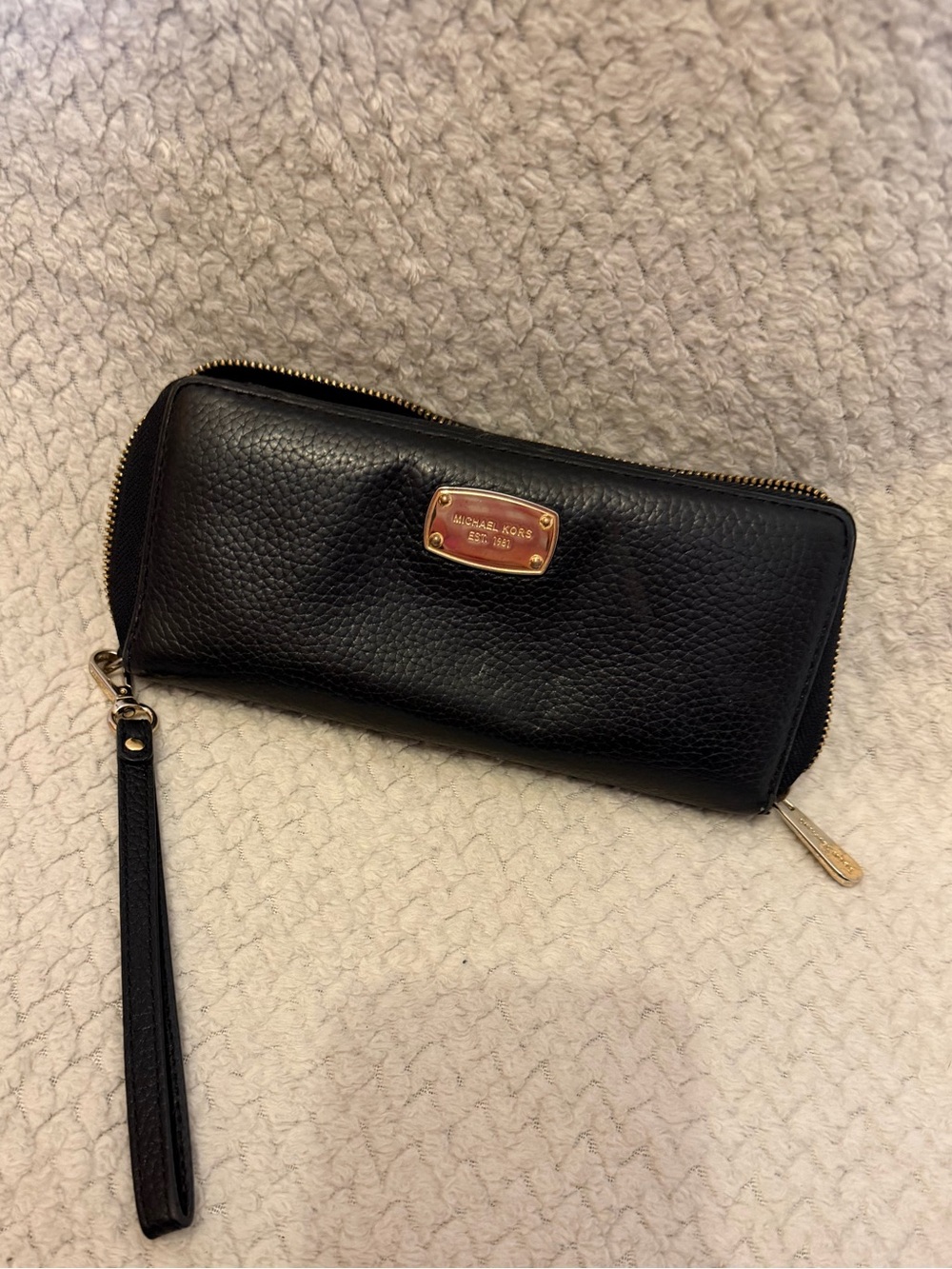 Michael Kors Black Pebbled Leather Zip Wristlet with Gold Plaque